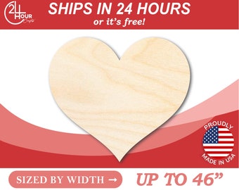 Unfinished Wooden Round Classic Heart Shape from 1&quot; up to 46&quot;  DIY Valentines Day Wedding Shower