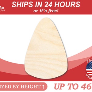 May include: A light brown wooden cutout of a cone shape. The cutout is sized by height and can be up to 46 inches tall. The text "SHIPS IN 24 HOURS or it's free!" is at the top of the image. The text "PROUDLY MADE IN USA" is at the bottom of the image.