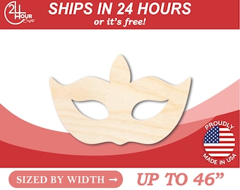 May include: A wooden mask with eye cutouts and a pointed top. The mask is sized by width, up to 117 cm. The text "SHIPS IN 24 HOURS or it's free!" is at the top. The product is proudly made in the USA.