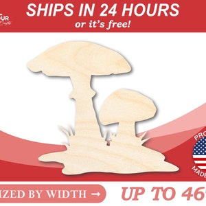 May include: Two unfinished wooden mushroom shapes, one larger than the other, with a grass-like base. The mushrooms are sized by width, up to 46 inches.