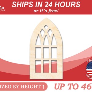 May include: A wooden cutout of a pointed arch window with a decorative grid pattern. The window is sized by height and can be up to 46 inches tall.  Ships in 24 hours or it's free!  Proudly made in the USA.