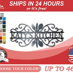 May include: Black metal kitchen sign with the text "KATY'S KITCHEN" in a decorative script font. The sign features a stylized design of forks and spoons. The sign is available in a variety of colors and can be customized up to 46 inches in size.