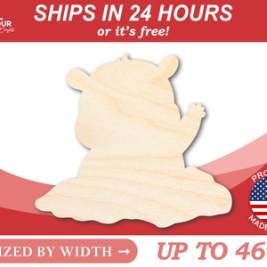 May include: Unfinished wooden cutout of a cartoon bear sitting down. The cutout is sized by width and can be up to 46 inches wide.