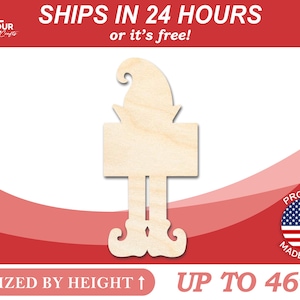 May include: Unfinished wooden cutout of a Christmas elf, standing with a sign. The elf is approximately 46 inches tall. The sign is blank and can be personalized.  Ships in 24 hours or it's free!  Proudly made in the USA.