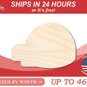 May include: A blank, unfinished wooden cutout of a dome shape. The cutout is sized by width and can be up to 46 inches wide. The text "SHIPS IN 24 HOURS or it's free!" is at the top of the image. The text "PROUDLY MADE IN USA" is at the bottom of the image.