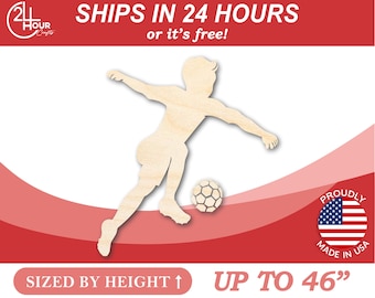 May include: Wooden cutout of a soccer player kicking a ball. The cutout is sized by height and can be up to 46 inches tall. The cutout is made in the USA.