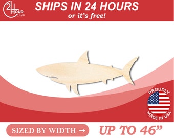 Unfinished Wooden Great White Shark Silhoutte - Craft- from 1" up to 46" DIY