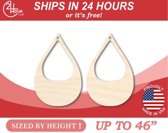 May include: Two unfinished wooden teardrop-shaped earrings with a hole at the top for hanging. The earrings are sized by height and measure up to 46 inches. The earrings are made in the USA.