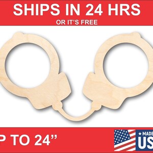 May include: Wooden cutout of handcuffs, up to 24 inches in size.  Ships in 24 hours or it's free. Made in the USA.