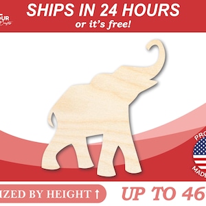 May include: A wooden cutout of an elephant, sized by height up to 46 inches. The elephant is standing with its trunk raised. The cutout is made in the USA.