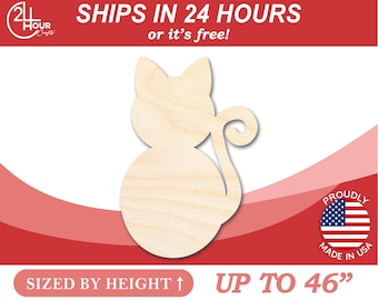 Unfinished Wooden Sitting Cat Shape - Craft - from 1" up to 46" DIY