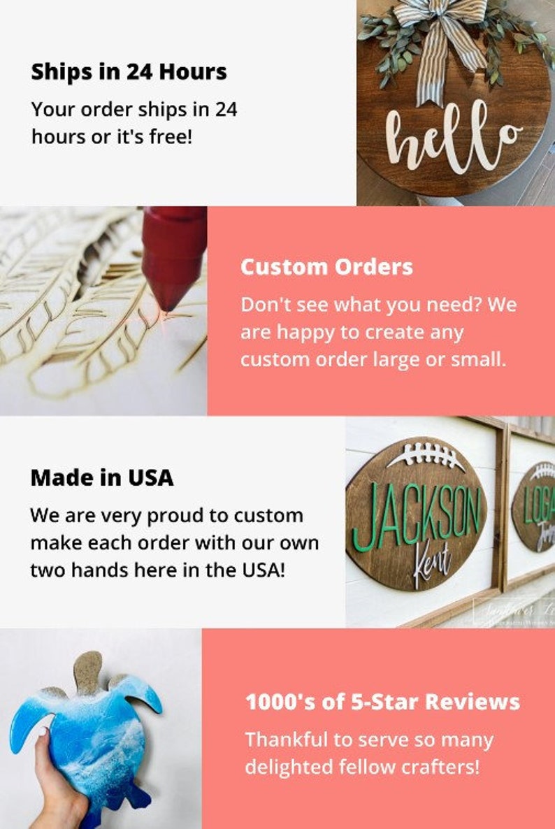 May include: A collage of images showcasing custom wood signs with various designs. The signs feature a variety of themes, including a welcome sign with the word "hello", a football-shaped sign with a name and a turtle-shaped sign with a blue and white ocean design. The text "Ships in 24 Hours" is visible in the top left corner of the image.