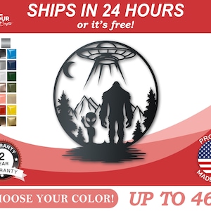 May include: Black metal wall art featuring a silhouette of Bigfoot and an alien standing in front of a mountain range with a UFO flying overhead. The art is available in a variety of colors and sizes up to 46 inches.