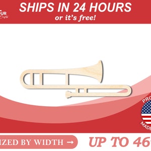 Unfinished Wooden Trombone Shape - Music - Craft - from 1&quot; up to 46&quot;  DIY