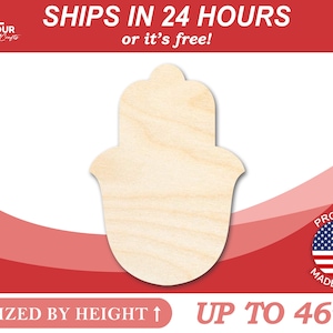 May include: A wooden cutout of a hamsa hand, a symbol of protection and good luck. The cutout is unpainted and ready to be decorated. It is sized by height and can be up to 46 inches tall.