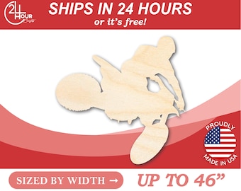 May include: A wooden cutout of a person riding a dirt bike. The cutout is unpainted and can be customized. The cutout is sized by width and can be up to 46 inches wide.