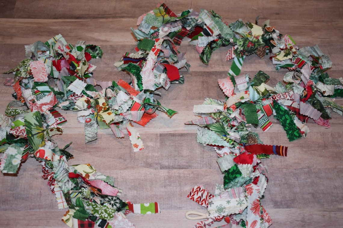 Christmas fabric knotted garland red and green fabric | Etsy