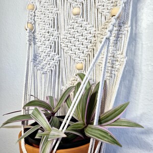 Puede incluir: Un macetero de macramé blanco con cuentas de madera cuelga de una pared blanca. Una planta en maceta con hojas verdes y moradas rayadas cuelga del macetero de macramé.