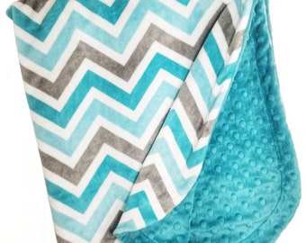 turquoise minky dot baby blanket Grey chevron