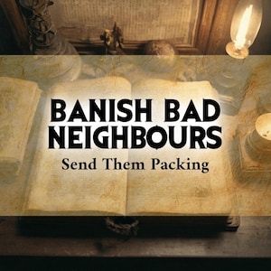 May include: An open book with the text "BANISH BAD NEIGHBOURS" and "Send Them Packing" in a vintage style. The book is on a wooden surface, with a warm, antique aesthetic. A lit lightbulb and candle are visible.
