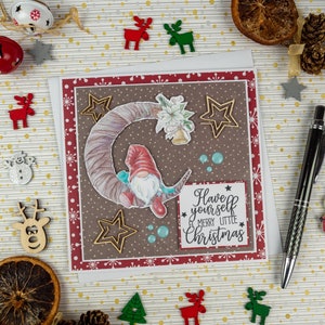 Luxury Santa Gnome Card, Handmade Christmas Cards, Hand Stamped Card, Merry Christmas, rústico, Tarjetas de Navidad, Unique Cards