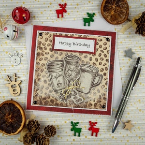 Tarjeta de felicitación hecha a mano / Feliz cumpleaños / espacio en blanco dentro / tarjeta de invierno / amantes del café