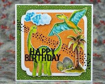 Happy Birthday Dino Card with dinosaur. Handmade Dinosaur Birthday Card, Greetings Card for a boy , Cute and fun card for children