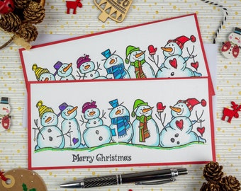 Handmade Christmas Card, Merry Christmas Handpainted joyful snowmen, Happy Christmas, Handstamped, recycled kraft cards