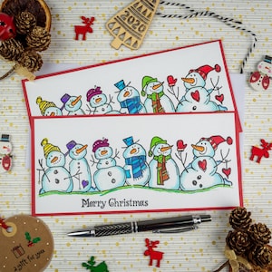 Tarjeta de Navidad hecha a mano, Feliz Navidad Hombres de nieve alegres pintados a mano, Feliz Navidad, Estampado a mano, tarjetas kraft recicladas