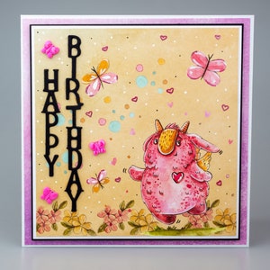 Tarjetas de cumpleaños para niños, Tarjeta de cumpleaños para niñas, Tarjeta de feliz cumpleaños del monstruo rosa divertido, Tarjeta Bd única en blanco dentro de la mano para una niña