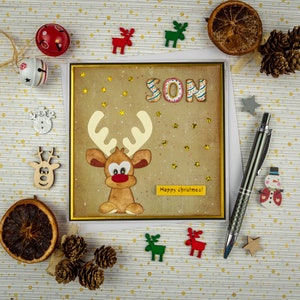 Handgemachte Rentier Weihnachtskarte für Sohn, Rudolph Rentier Karte, Urlaubskarte, Frohe Weihnachten Karten