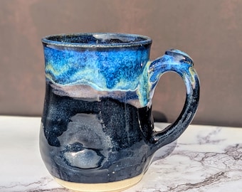 Handmade Blue Stoneware Coffee Mug – Wheel Thrown Pottery, Belly Shape, 12-14 oz