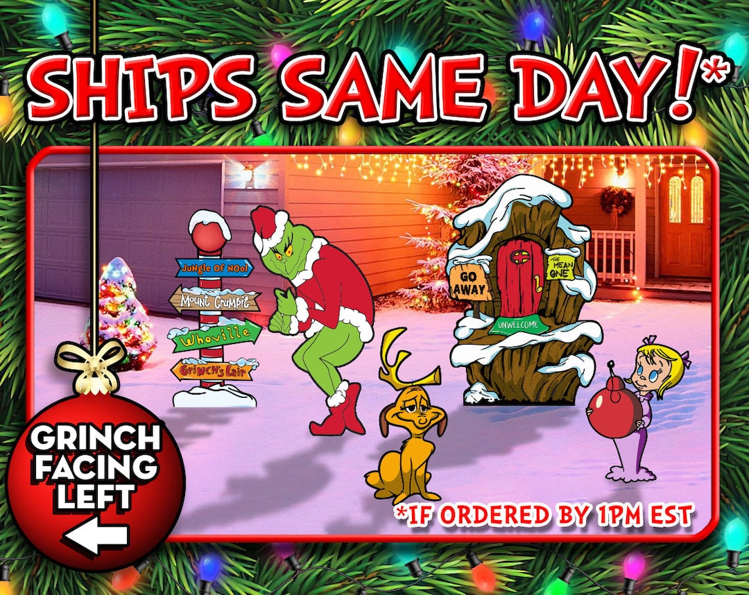 LEFT Facing GRINCH Stealing Lights Yard Art Cindy Lou, Max, Lair