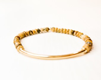 Bracelet barre en bois de jaspe/bracelet de perles de pierres précieuses à facettes/or 14 carats