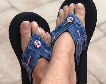 Size 9 Womens Blue Jean Sandals | Sandals | Denim Flip Flops | Womens Sandals | Denim Sandals | Handmade Sandals | Beach Flip Flops | Wedge