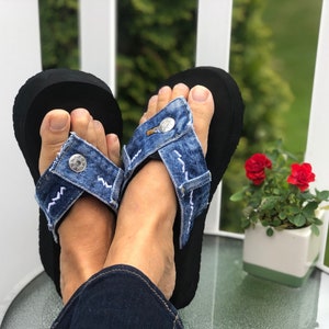 Size 8 Womens Blue Jean Sandals | Beach Sandals | Denim Flip Flops | Womens Sandals |  Denim Sandals | Handmade Sandals | Unique Sandal
