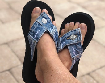 Size 9 Womens Blue Jean Sandals | Sandals | Denim Flip Flops | Womens Sandals | Denim Sandals | Handmade Sandals | Beach Flip Flops | Wedge