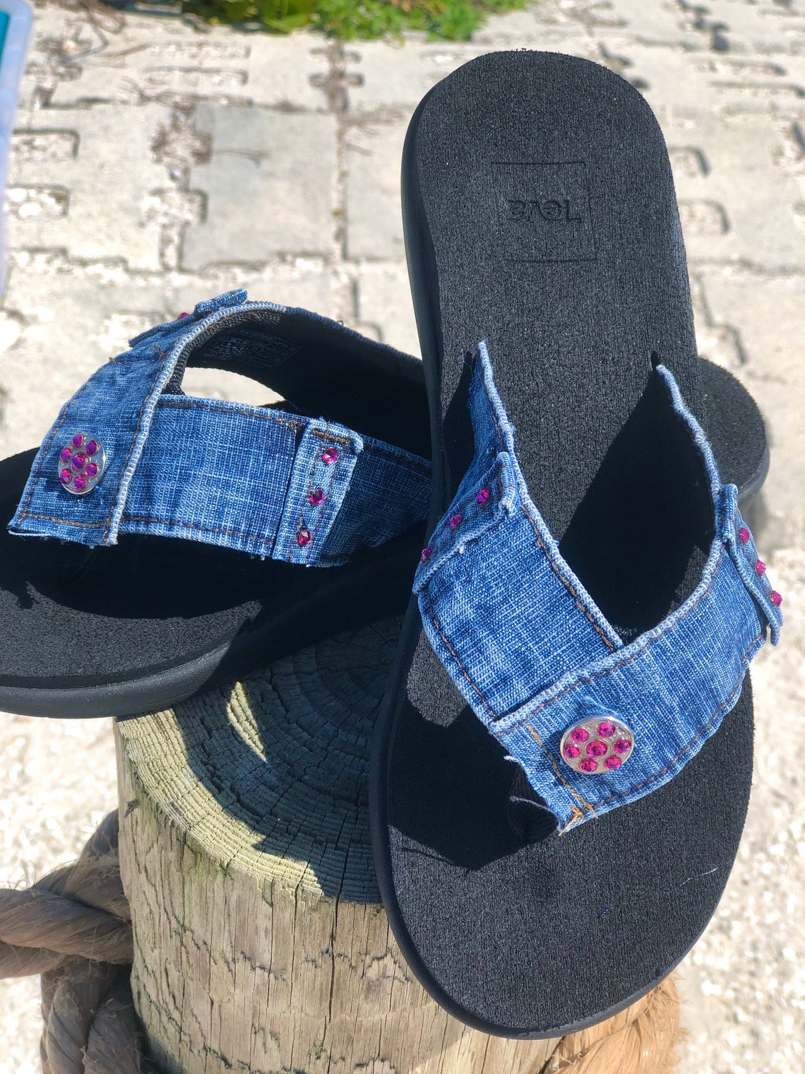 blue denim flip flops