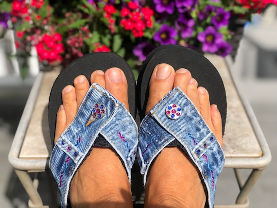 Size 8 Womens Handmade Sandals Blue Jean Flip Flop Summer Sandals