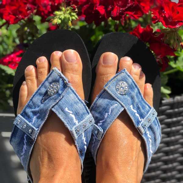 Handmade Sandals | Beach Flip Flops | Blue Flip Flops | Summer Sandals |  Blue Jean Sandals | Denim Flip Flops | Womens Denim Sandals