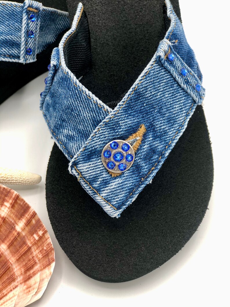blue denim flip flops