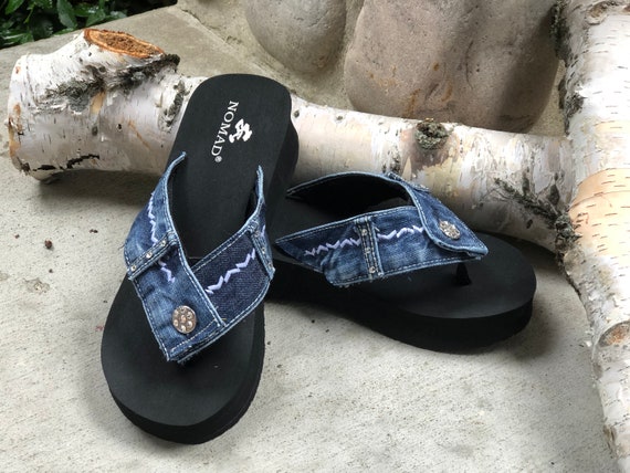 Size 9 Womens Handmade Sandals Beach Sandals Blue Jean Flip Flop