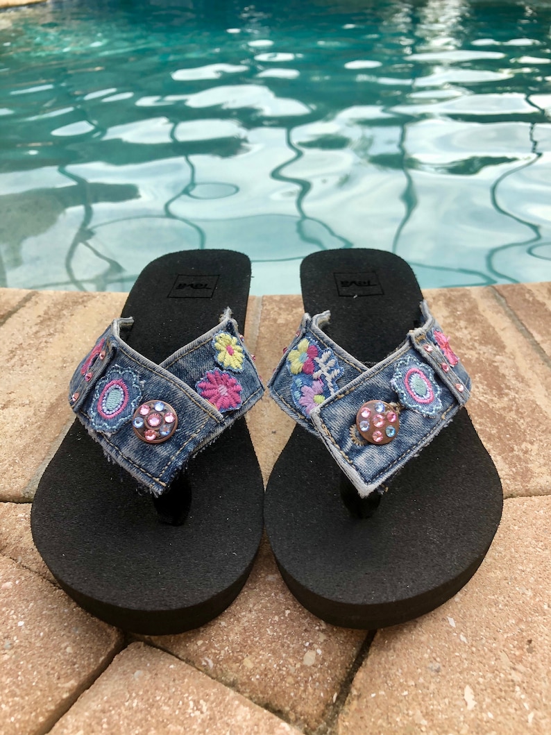 blue denim flip flops