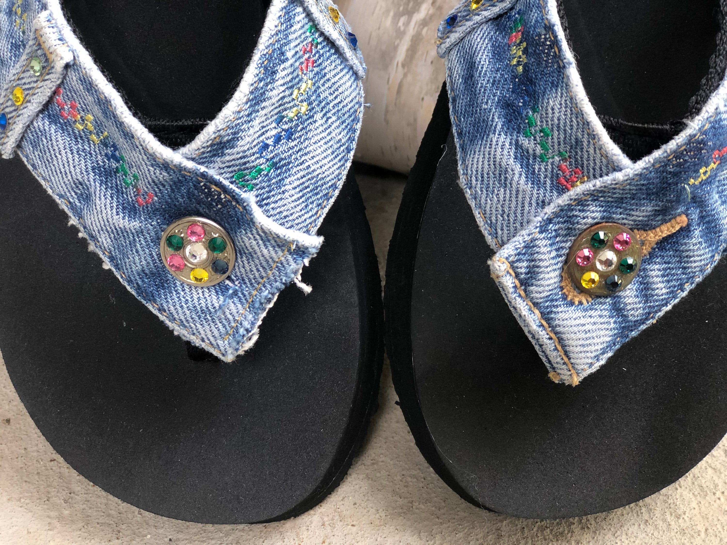 blue denim flip flops