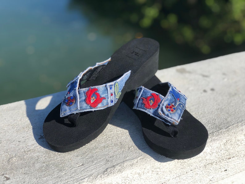 lulu art denim wedge flip flop