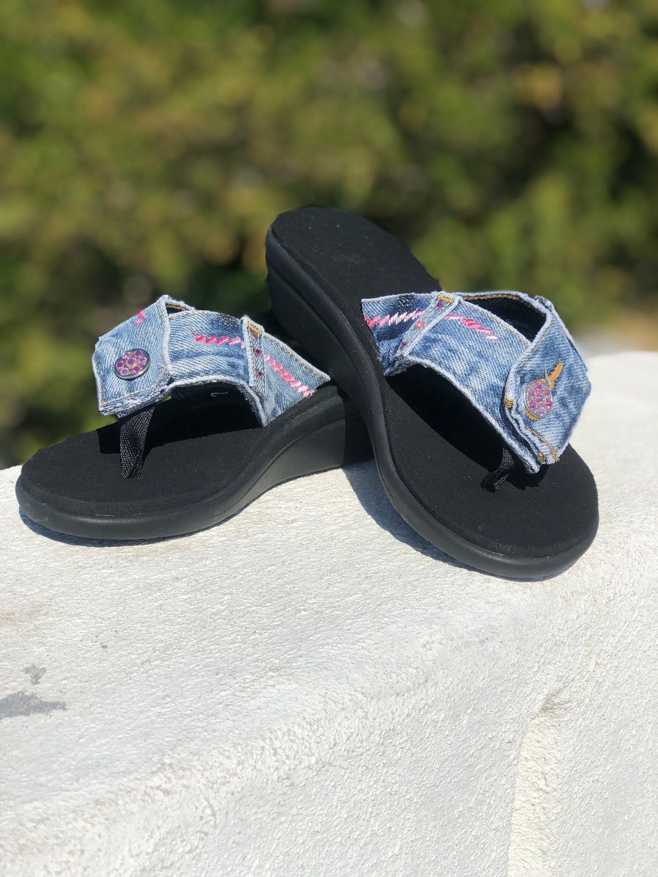 blue denim flip flops