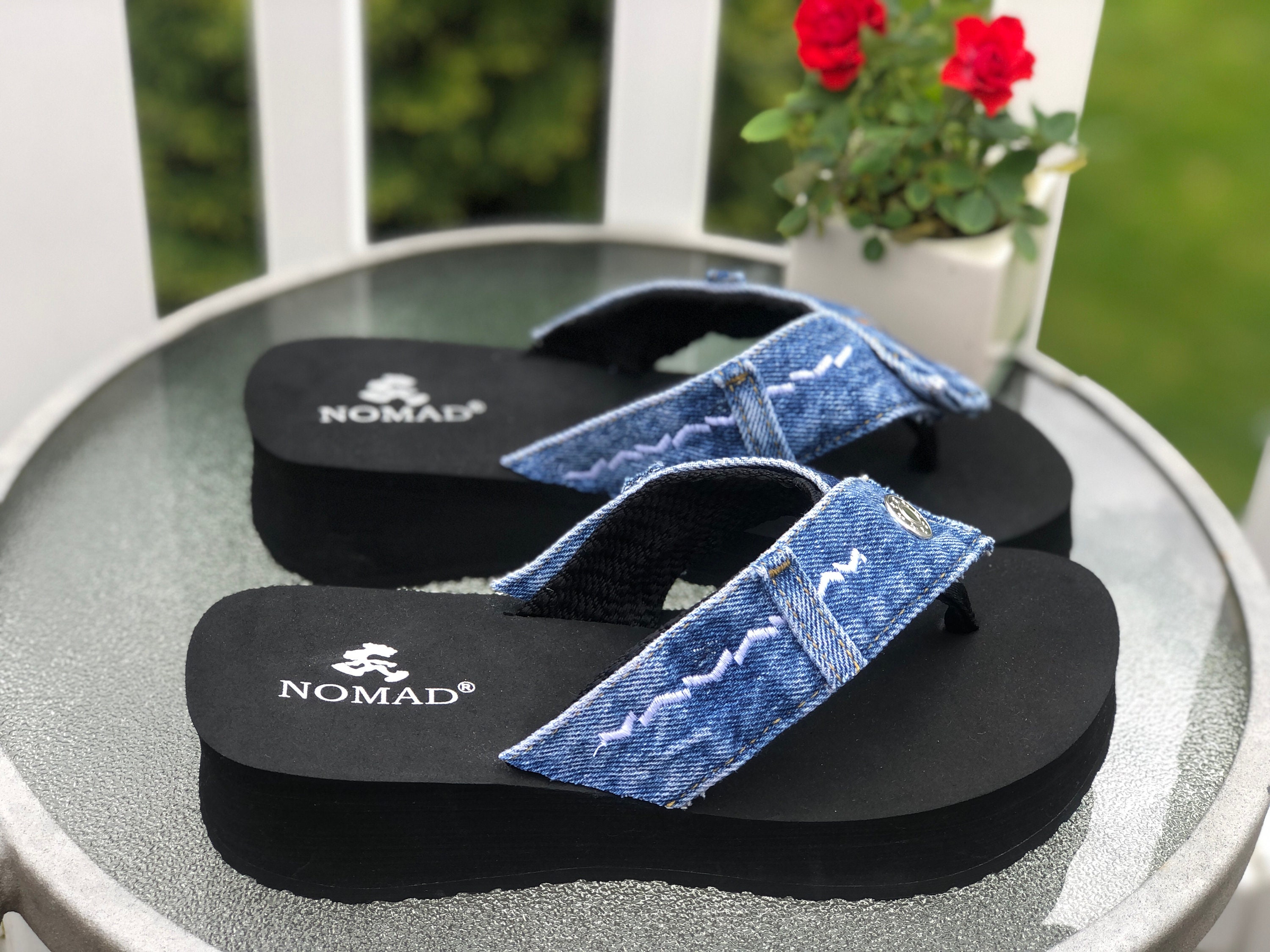 blue denim flip flops