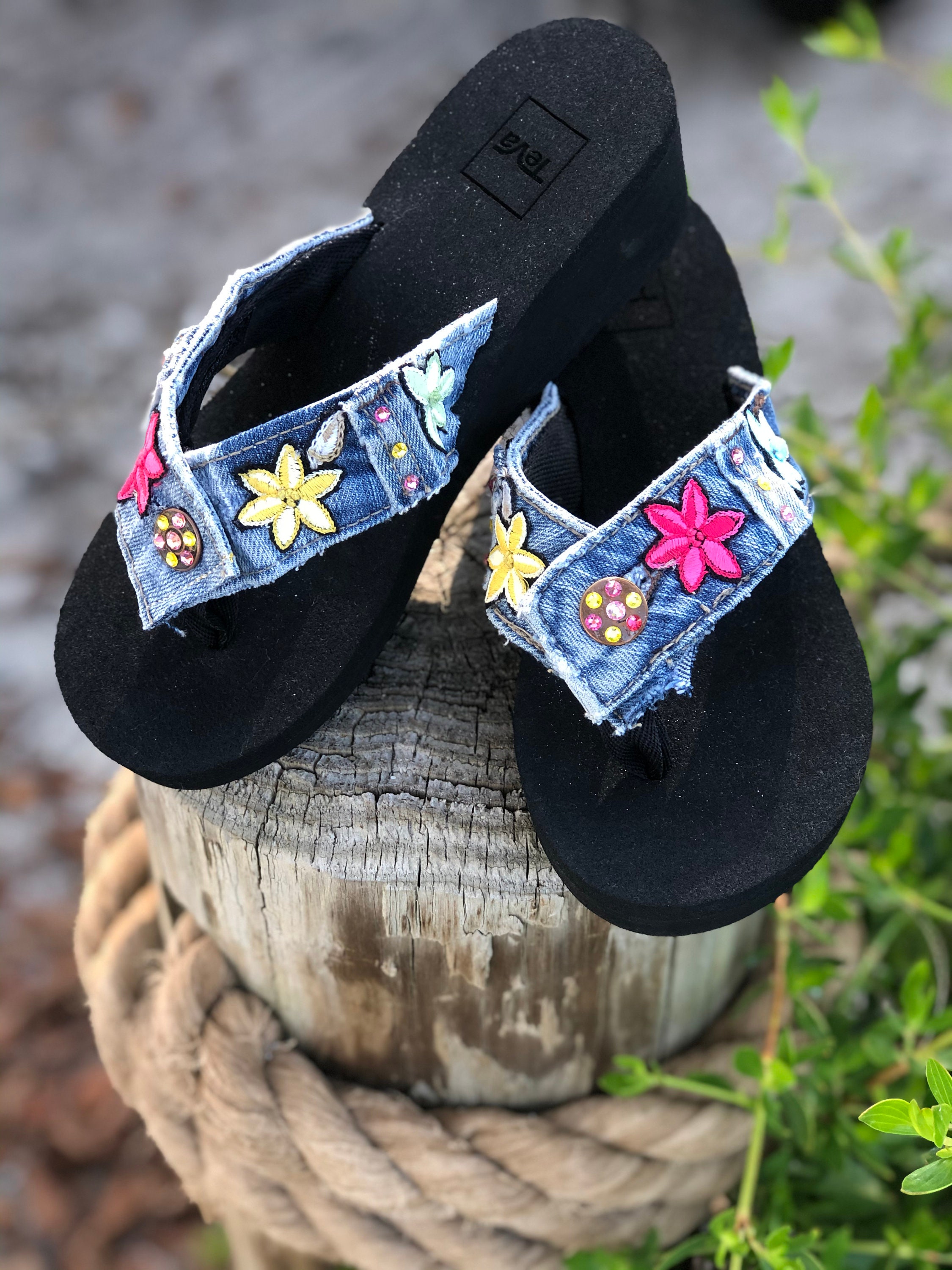 yellow box denim flip flops