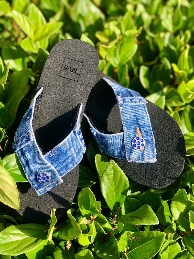 blue denim flip flops