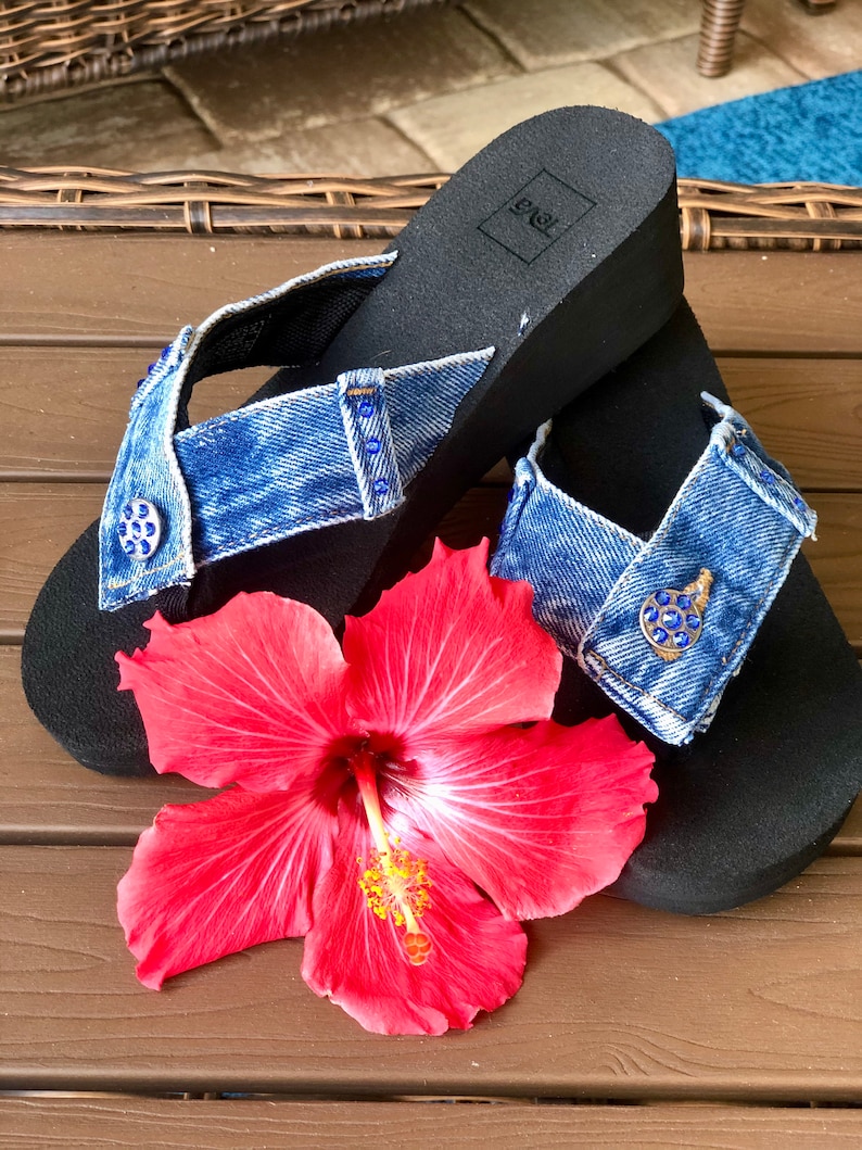 blue denim flip flops